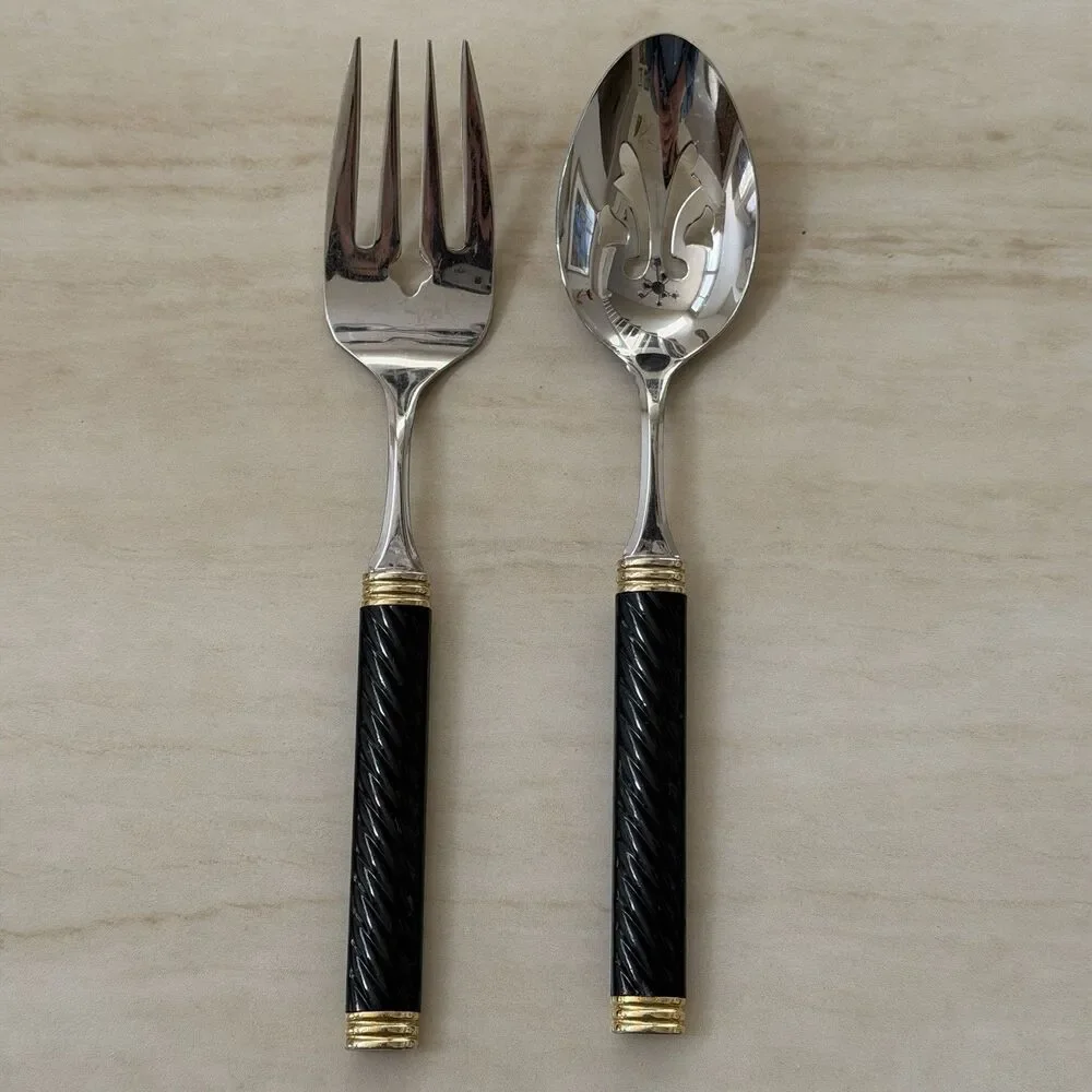 25pc MIKASA Braid-Onyx Laslo Flatware Set Black HDL Metallics Gold Acc., Stnls